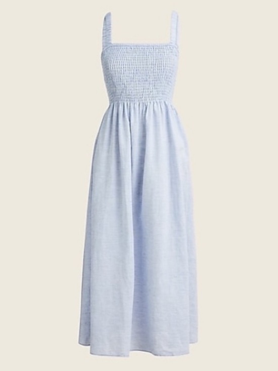 J. Crew Dresses & Skirts - J. Crew Smocked Beach Midi Dress in Linen-Cotton Blend Blue L Large Coastal Prep